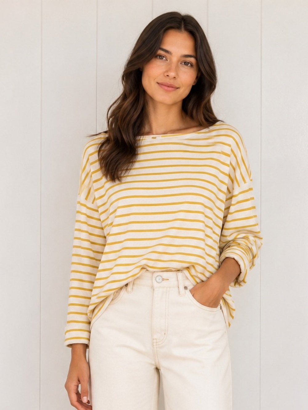 Old Navy French Girl Nautical Striped Boat Neck Tee Long Sleeve Top Yellow XXL